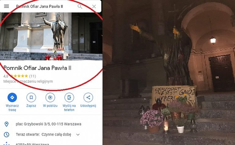 Wulgarna tabliczka i prowokacja w Google Maps. Barbarzyńska profanacja pomnika Jana Pawła II